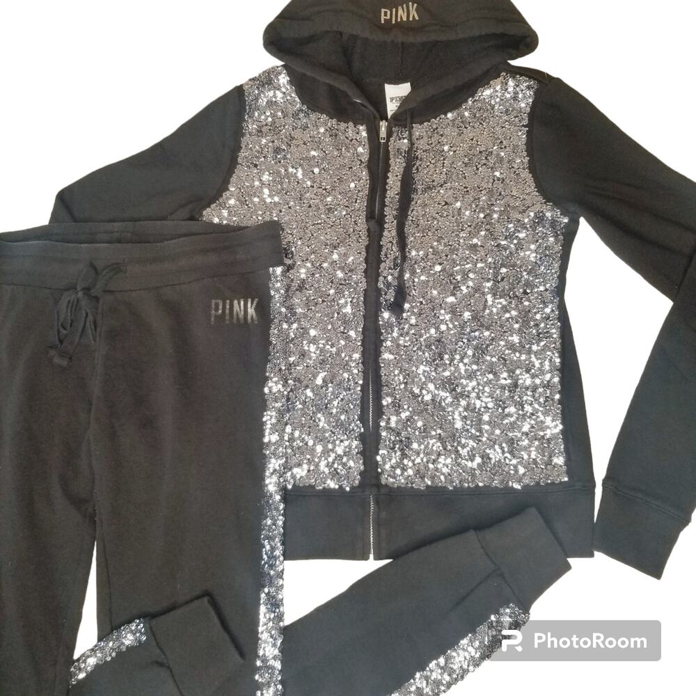 Y2K Victoria's Secret Pink Bling Hoodie Silver Sequin Joggers Outfit Set XS Rare